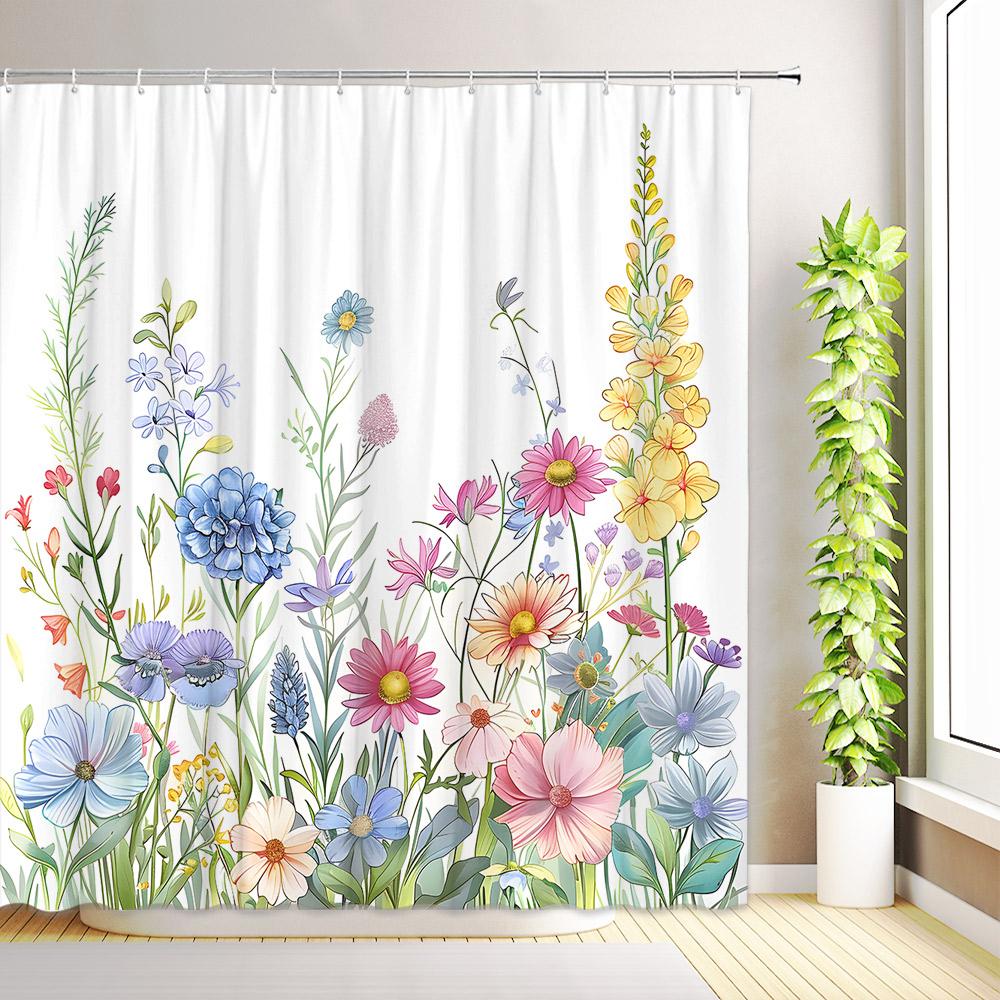 Purple Floral Shower Curtain Watercolor Flower Plants Leaves Butterfly Wildflower Bathroom Decor Fabric Bath Curtains with Hooks