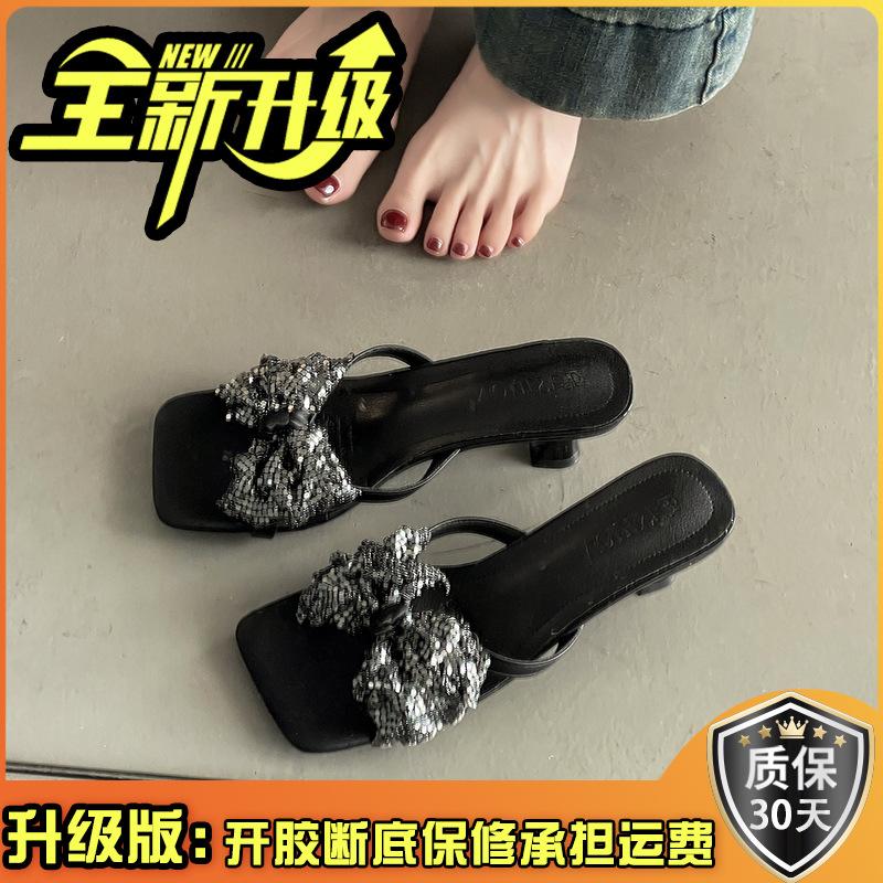 Versatile fashion square head high-heeled outer slippers women's summer 2025 new thick-heeled bow open-toed cool slippers