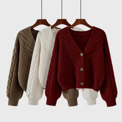 2025 Autumn/winter V-neck Loose Women Cardigan Sweater Korean Office Short Jacket New Single Breasted Knitted Casual Solid Color Top Simple Clothing