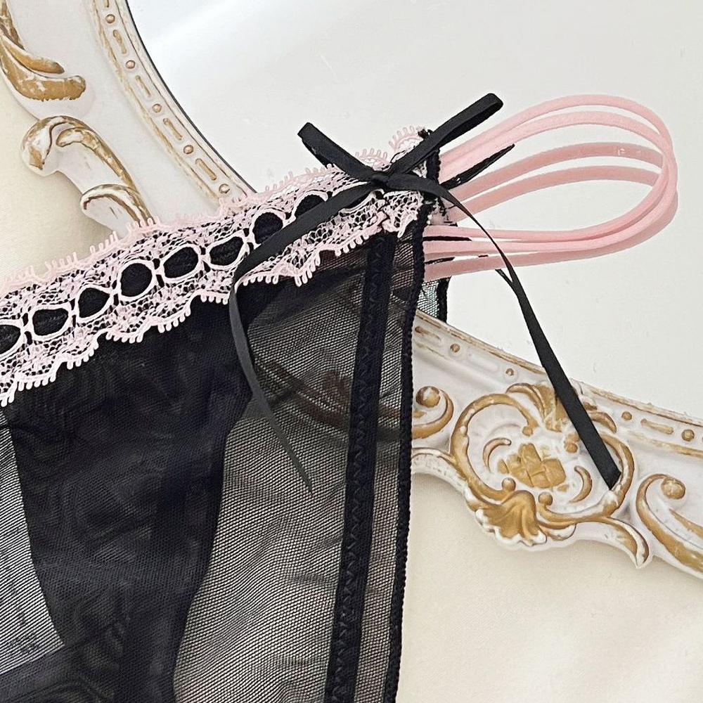 Sexy Damen-Slips Tanga mit Schleife Spitze Jacquard Netz Dünn Transparent Belüftet Niedrige Taille Unterwäsche Der Stoff Ist Bequem Und Weich