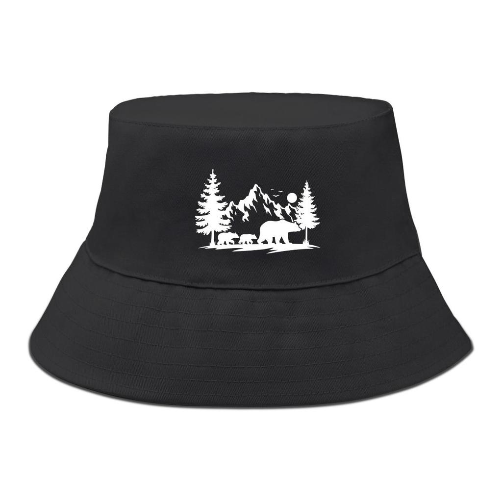 Bucket Hat With White Forest Mountains Print , Animal Fisherman Hat Solid Color Beach Simple Beach Cap