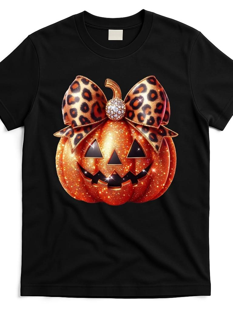 Cute Halloween Pumpkin Leopard Bow Cool Design Street Trending Style 's Tee Comfortable Round Neck S