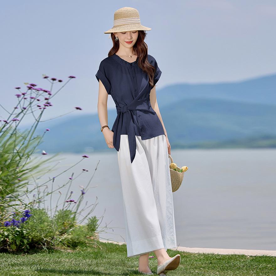 

Хлопково-льняной костюм женский летний новая модная темпераментная рубашка на шнуровке на талии брюки-кюлоты длиной девять точек комплект из двух предметов XXL