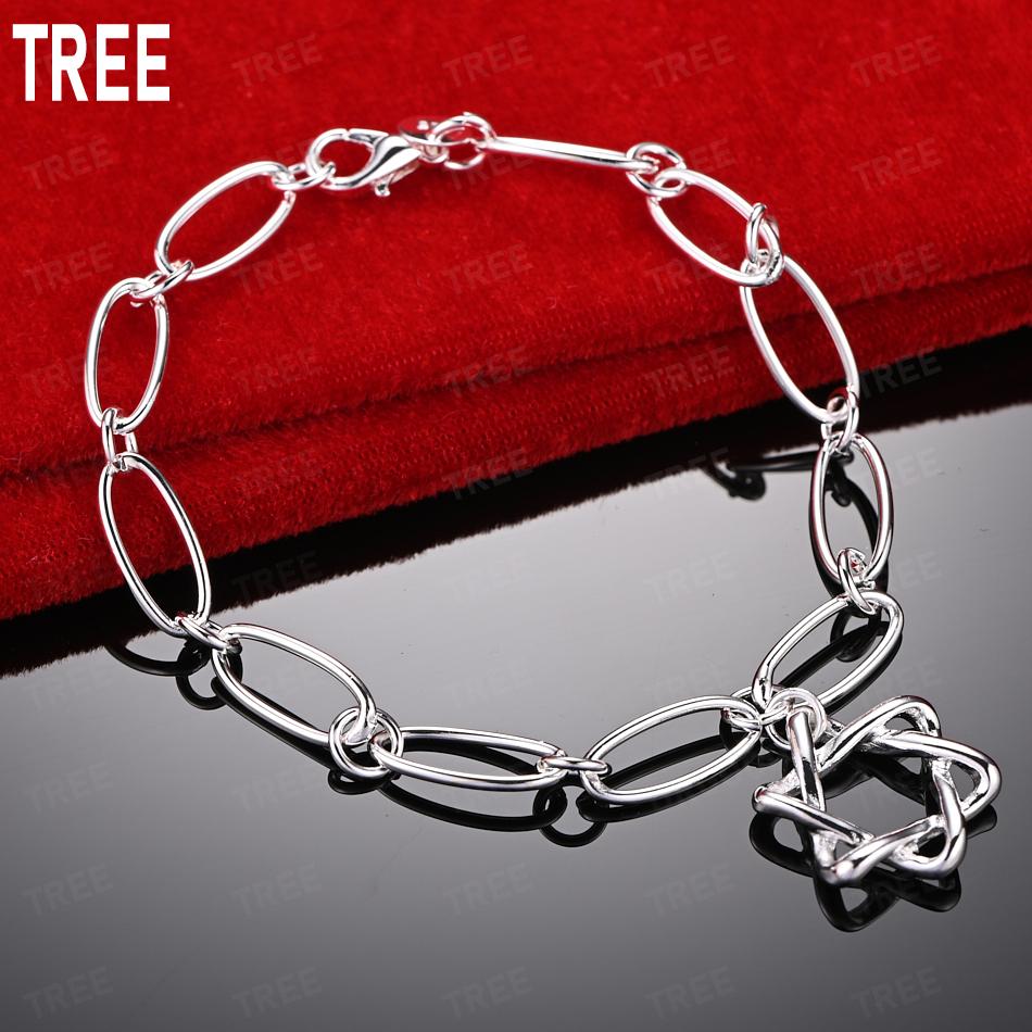 925 Sterling Silver Long Oval Ring Artistic Five-Pointed Star Bracelet Gift Jewelry 20cm