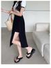Women's Black High-Waist Slit A-Line Midi Skirt for Autumn