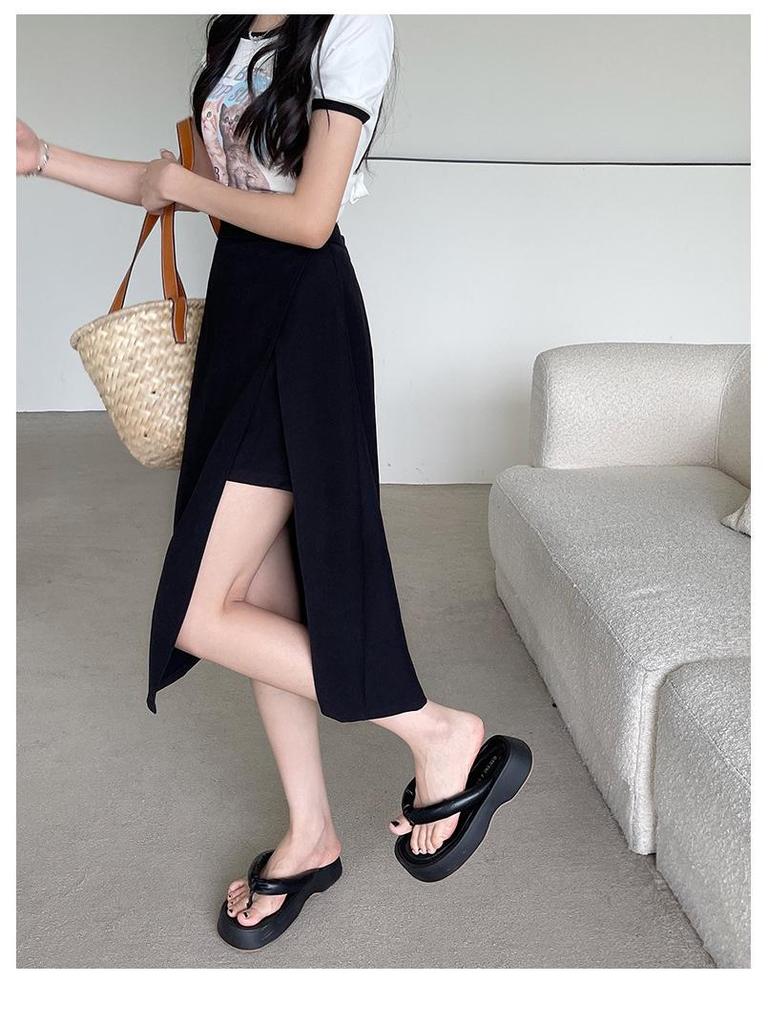 Women's Black High-Waist Slit A-Line Midi Skirt for Autumn