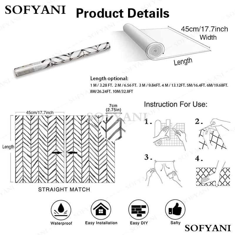 Boho Peel and Stick Wallpaper Stripe Herringbone Black White Vinyl Self Adhesive Room Decor Contact Paper 45cm wide