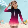 Girls High Neck Long Sleeve One Piece Swimsuit Printed Front Zip Skirt Hem