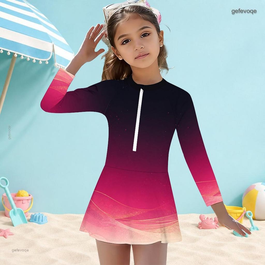 Girls High Neck Long Sleeve One Piece Swimsuit Printed Front Zip Skirt Hem