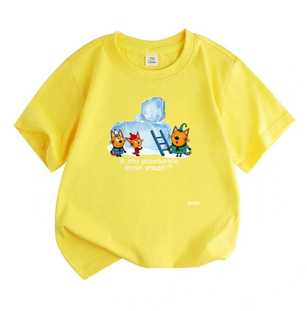 Kids Boys Girls 100% Cotton Crew Neck Short Sleeve T-Shirt, Cute Cartoon Cats Ice Block Printed Casual Soft Summer Tee for Children Daily Wear