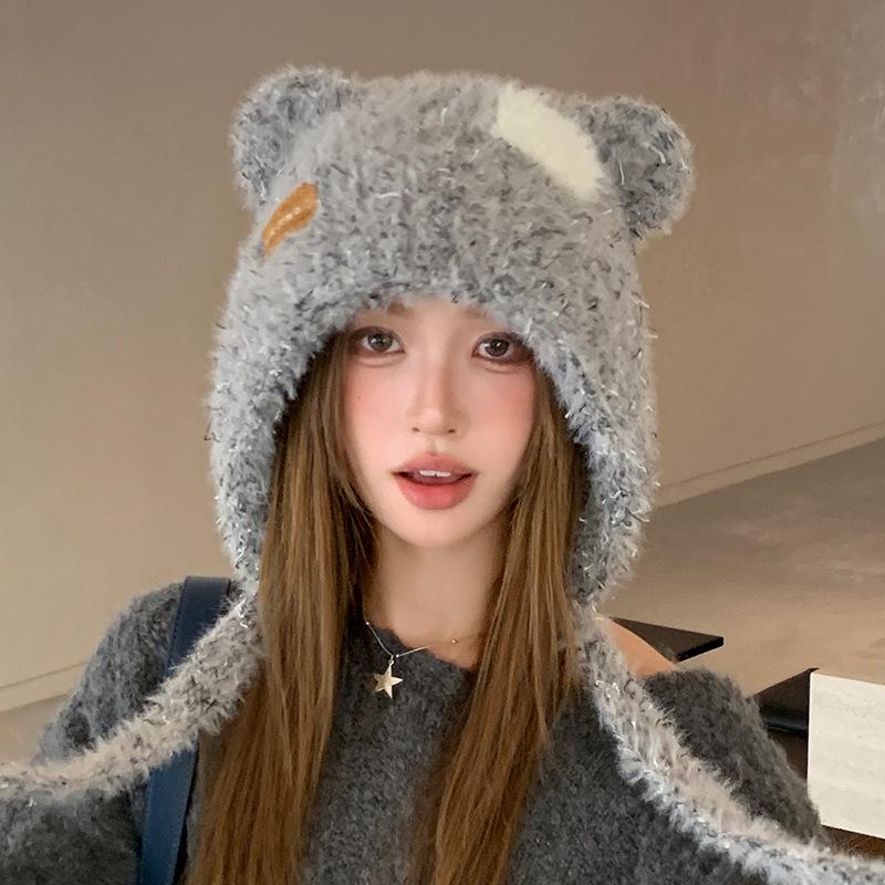 Süße Bärenohren Plüschtasche Hut Damen Winter Warm Ohrschutz Kalt Gestrickte Mütze Großer Kopfumfang Wollmütze