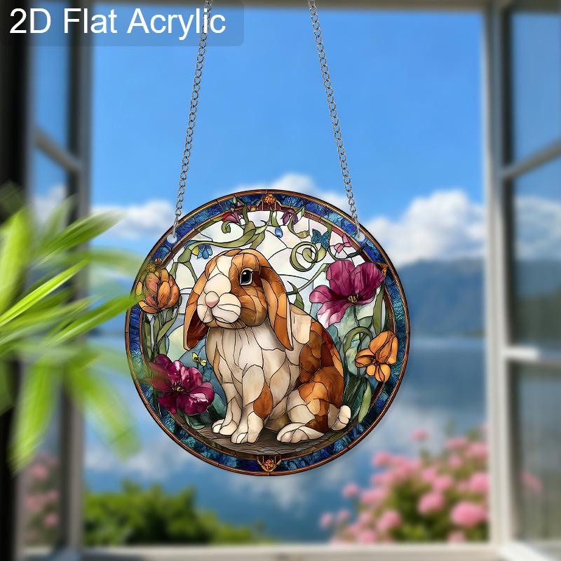 Acrylic Lop-Eared Rabbit with Flowers Suncatcher, Stained Glass Effect Window Hanging Ornament for Animal Lover Gifts