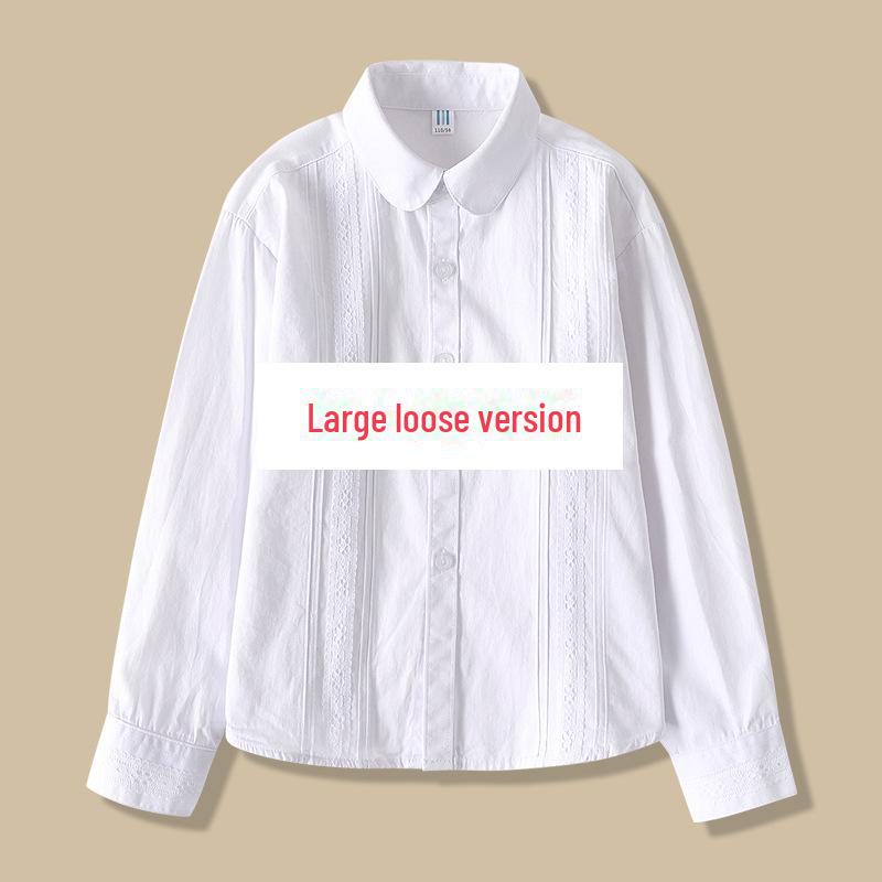 Girls' White Cotton Long-Sleeve School Shirt - Spring/Autumn Style for Primary and Secondary Students