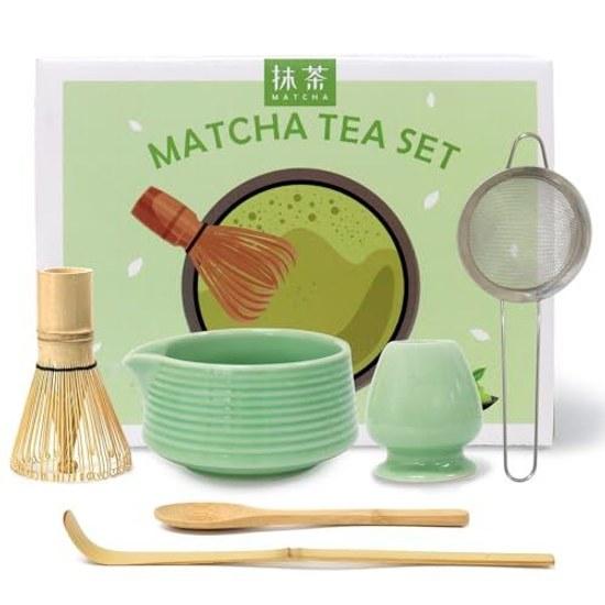Matcha set tea ceremony 6 pieces tools bowlchasenchashakuchasen holderspoonstrainer preparing easy use beginners pouring bowl practice making latte