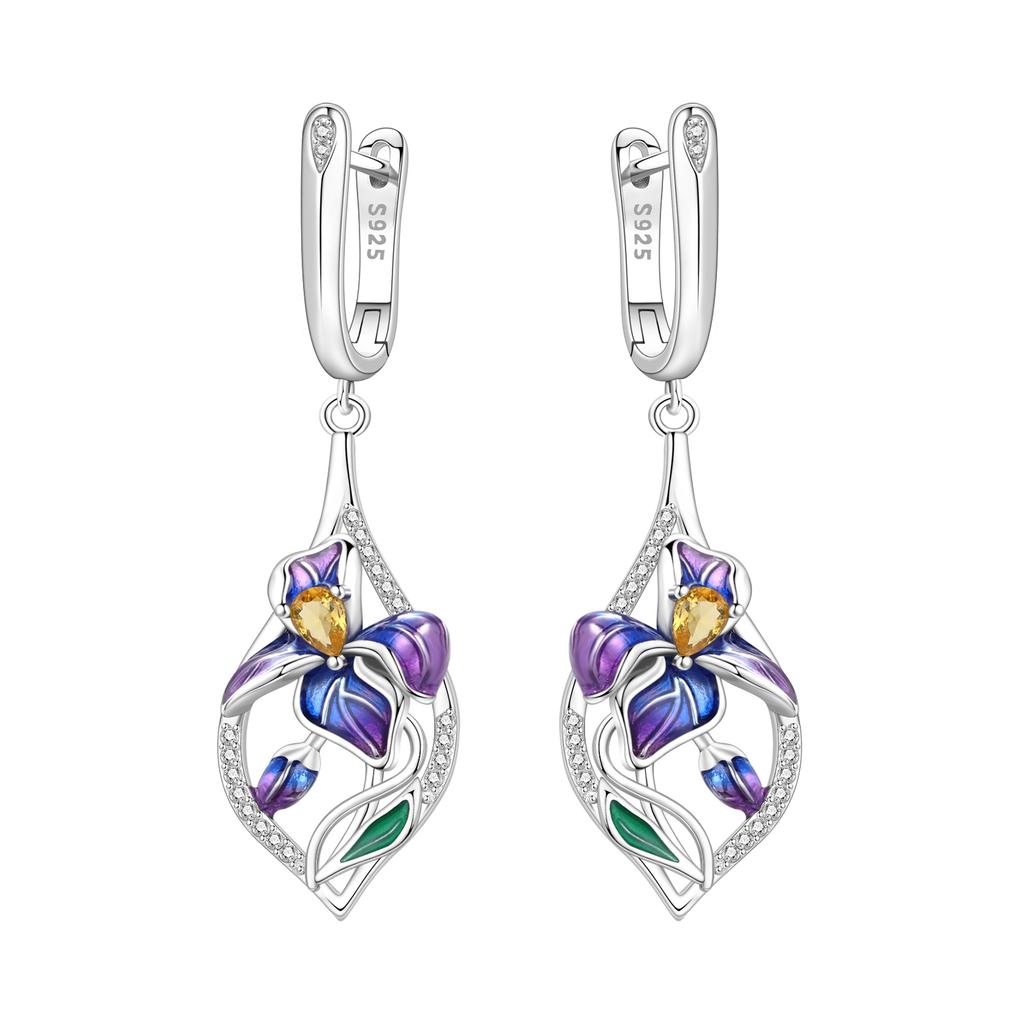 Orstarry 925 Silver Blue Purple Iris Flower Drop Earrings Women Earrings Charm Trend Versatile Party Jewelry Gifts