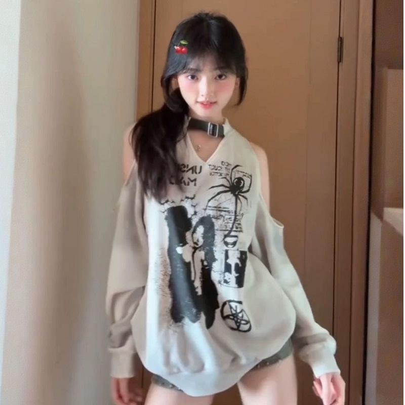 2025 Women's Trendy Casual Long-Sleeve Graffiti Print Round Neck Loose T-Shirt for Early Autumn