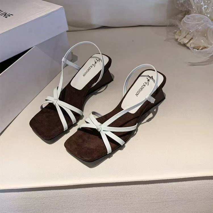 With square head, one-word open-toe with skirt, summer temperament 2025 new high-heeled Roman shoes, wedge-heeled sandals, women's models