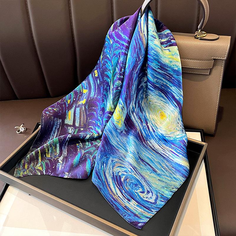 French Van Gogh oil painting navy blue silk scarf women's summer thin versatile mulberry silk 71cm Chinese square scarf scarf
