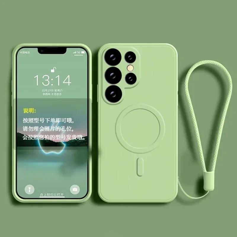 Wrist Strap Magsafe Liquid Silicone Case For Samsung Galaxy S25 Edge S24 Ultra S23 FE S22 S21 Magnetic Wireless Charging Cover