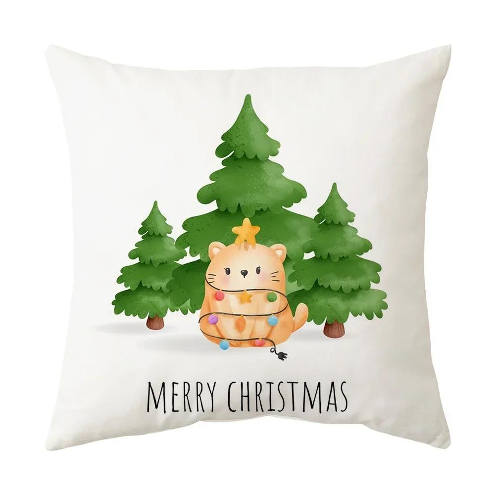 Printed Christmas Cushion Cover Cartoon Santa Claus Tree Pillowcase Happy New Year Home Gift Izable