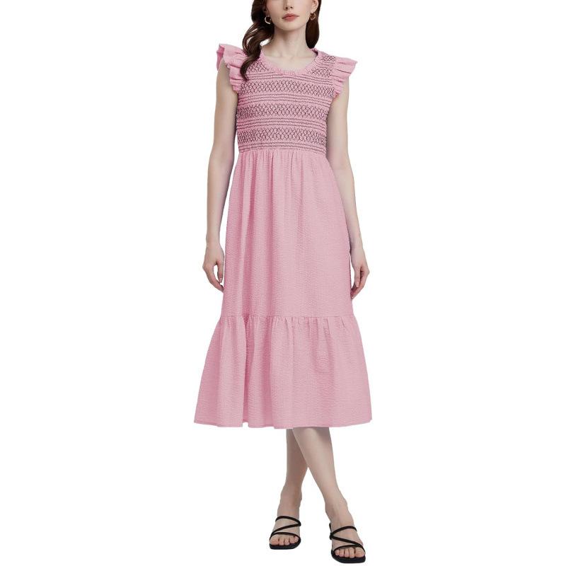 Pastoral 2026 summer embroidery pleated casual round neck high-end medium and long dress