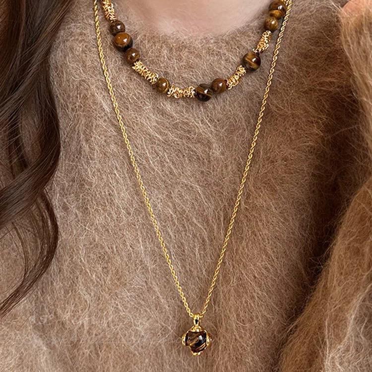 Maillard Vintage Oval Tiger Eye Long Necklace: Niche Light Luxury Sweater Chain for Women