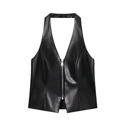 Style européen et américain, nouvelles vêtements pour femmes, chic, à la mode, polyvalent, débardeur à zip en cuir à col bénitier