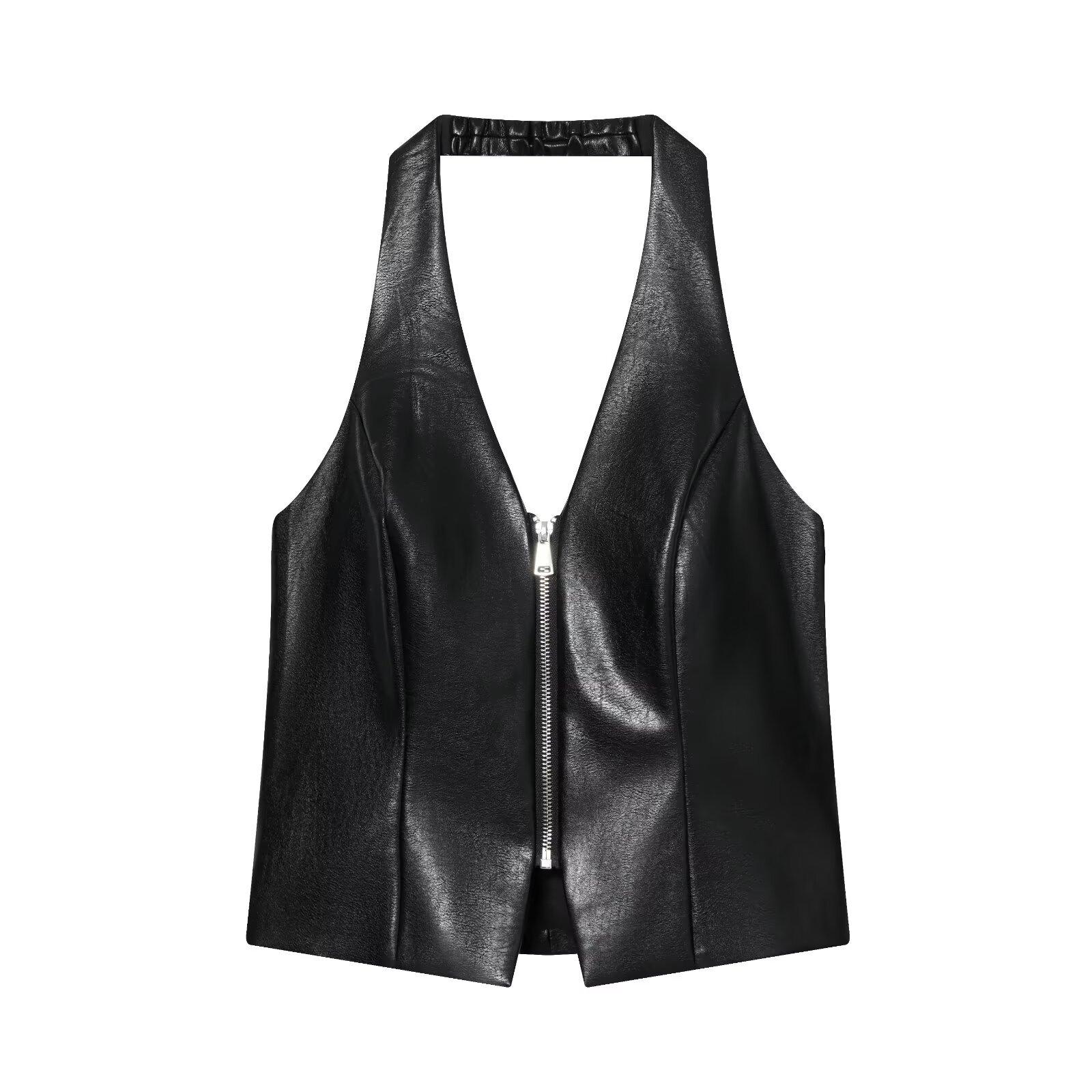 European and American style, new women s clothing, chic, fashionable, versatile halter zipper leather top S чёрный