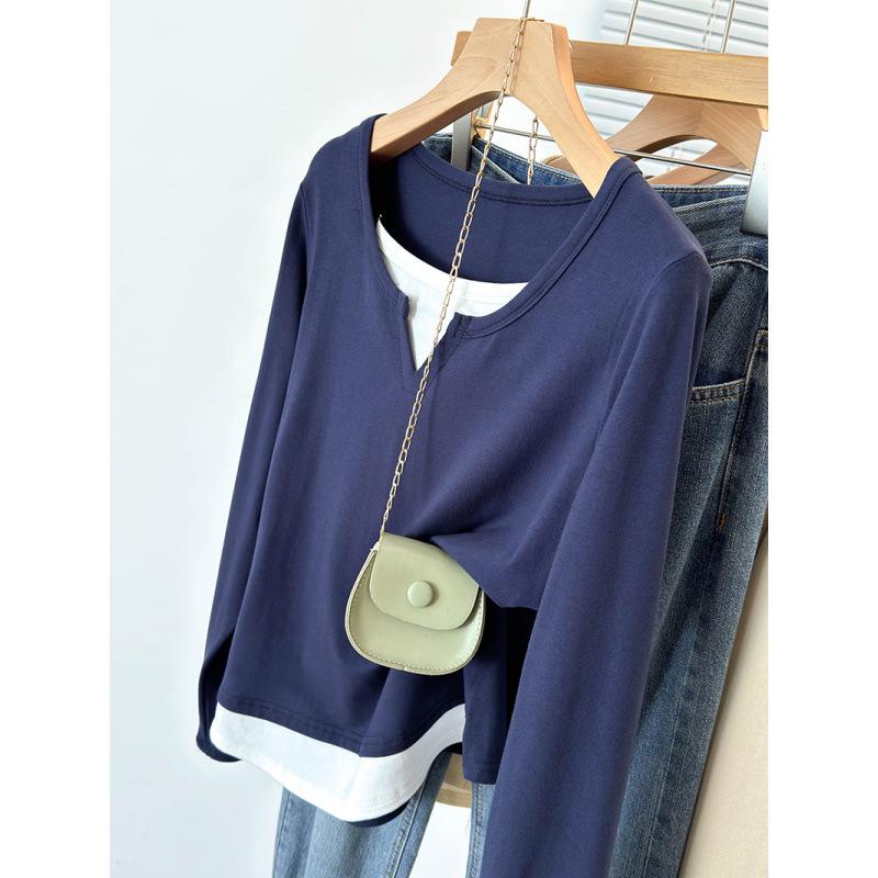 

2026 Spring Plus Size Women s Youthful Patchwork Long Sleeve Top XL синій