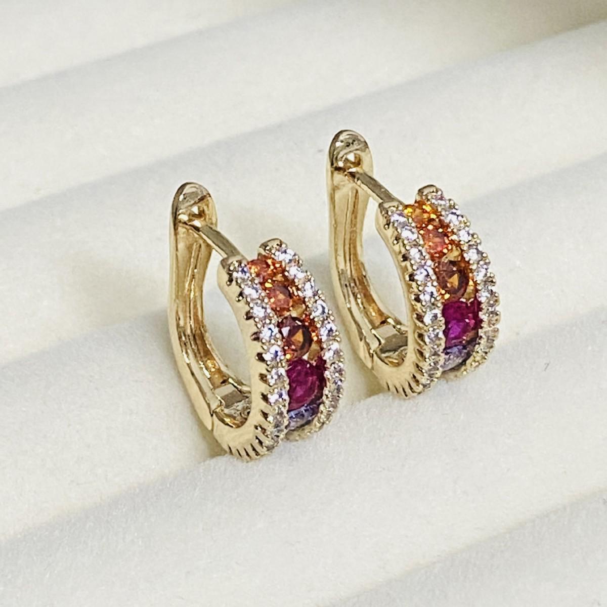 Разноцветные золоченые медные серьги с микро-инкрустацией цирконами и каффами