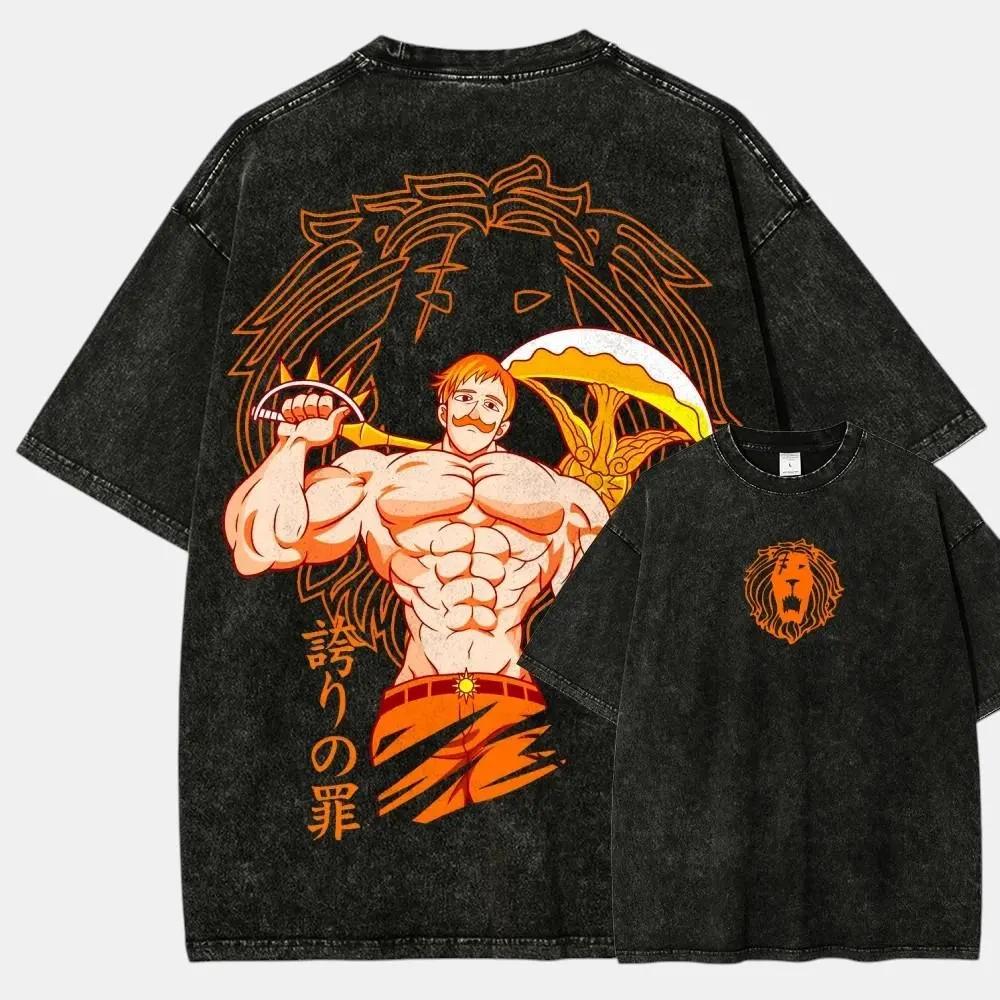 Double Sided Escanor The Seven Deadly Sins Vintage Washed Anime Tee Lion Sin of Pride Graphic Oversized Cotton Streetwear Casual Short Sleeve Tee Tops