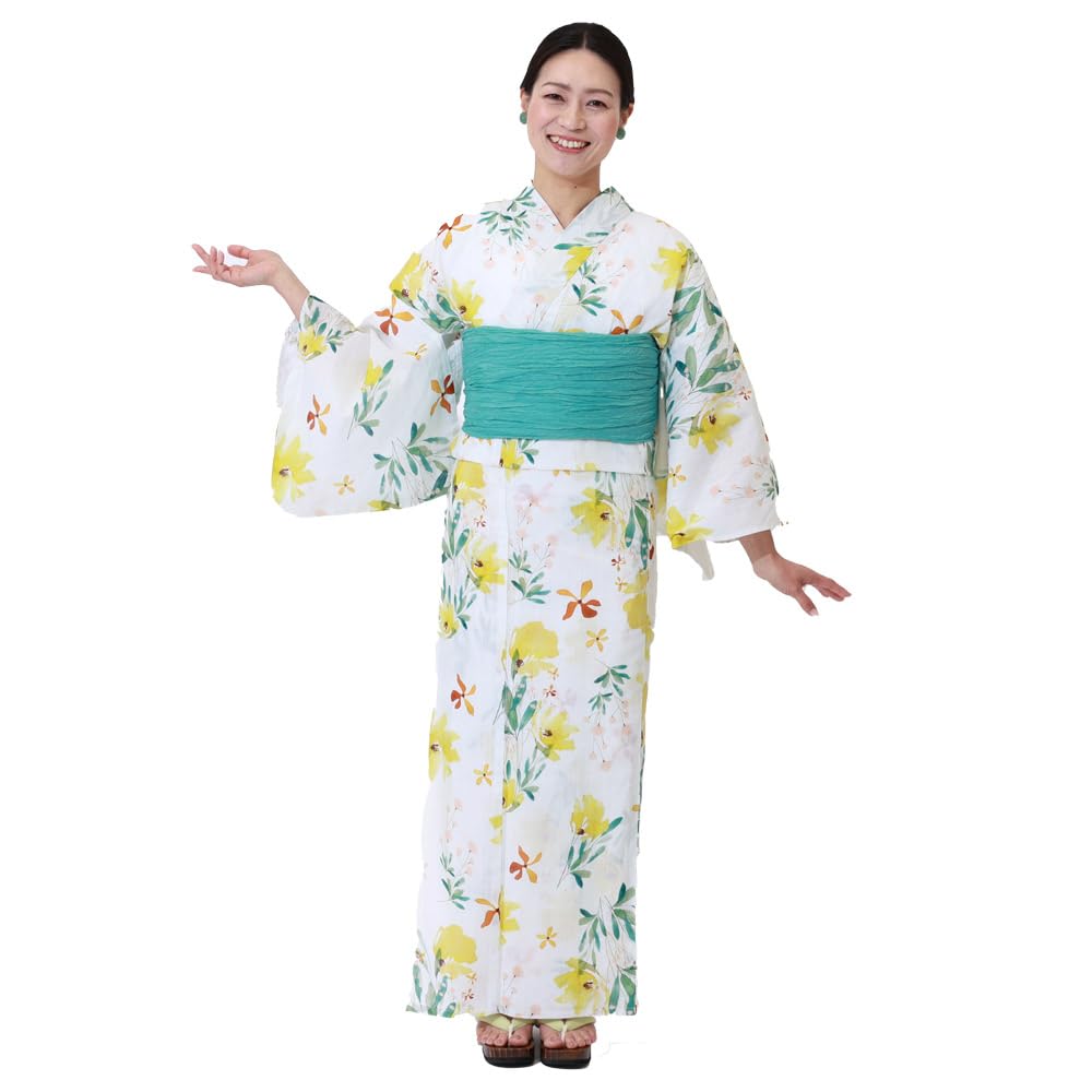 

Киото Кимоно Юдзен Женская Юката и Оби Набор, 2 предмета, Цветочный принт, Летнее кимоно (желтый)
