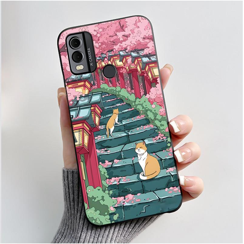 Coque Pour Nokia C22 Étui Pour Nokia C32 Coque de Téléphone Arrière Silicone Souple Noir TPU Esthétique Mignon Chat Astronaute Coque Bumper