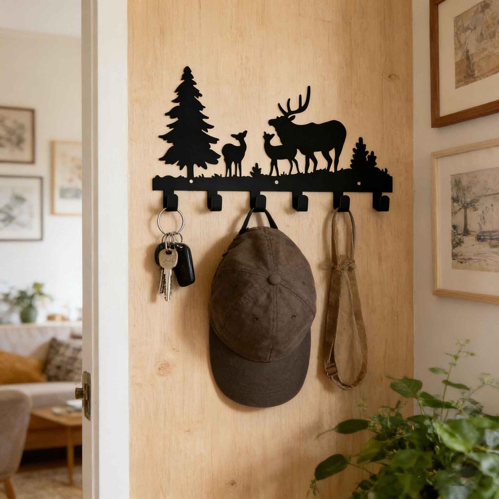 Metal Deer Coat Hooks Wall Art Decor-Key Holder Clothes/Hat Rack Backpack Hanger-Animal Theme Hooks 6 Hooks-Sweet Home Decor