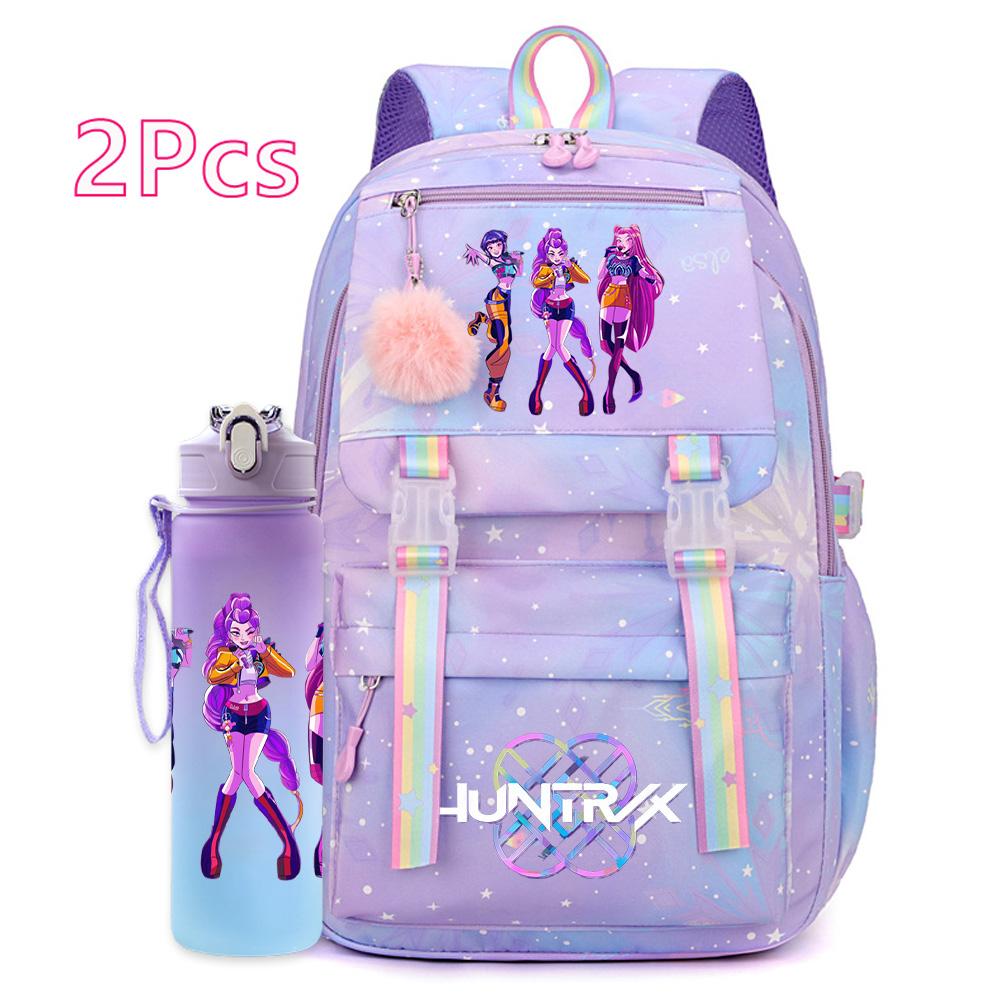 2Pcs/set New Anime Kpop Printed Backpack with 750Ml Water Bottler Large Capacity Travel Bag for Teenager Girl Boy Bookbag Kid Gift Large Capacity Bag