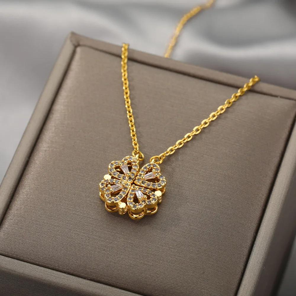 Green Four Leaf Clover Zircon Necklaces For Women Stainless Steel Gold Color Four Leaf Pendant Necklace  Weeding Jewelry Gift