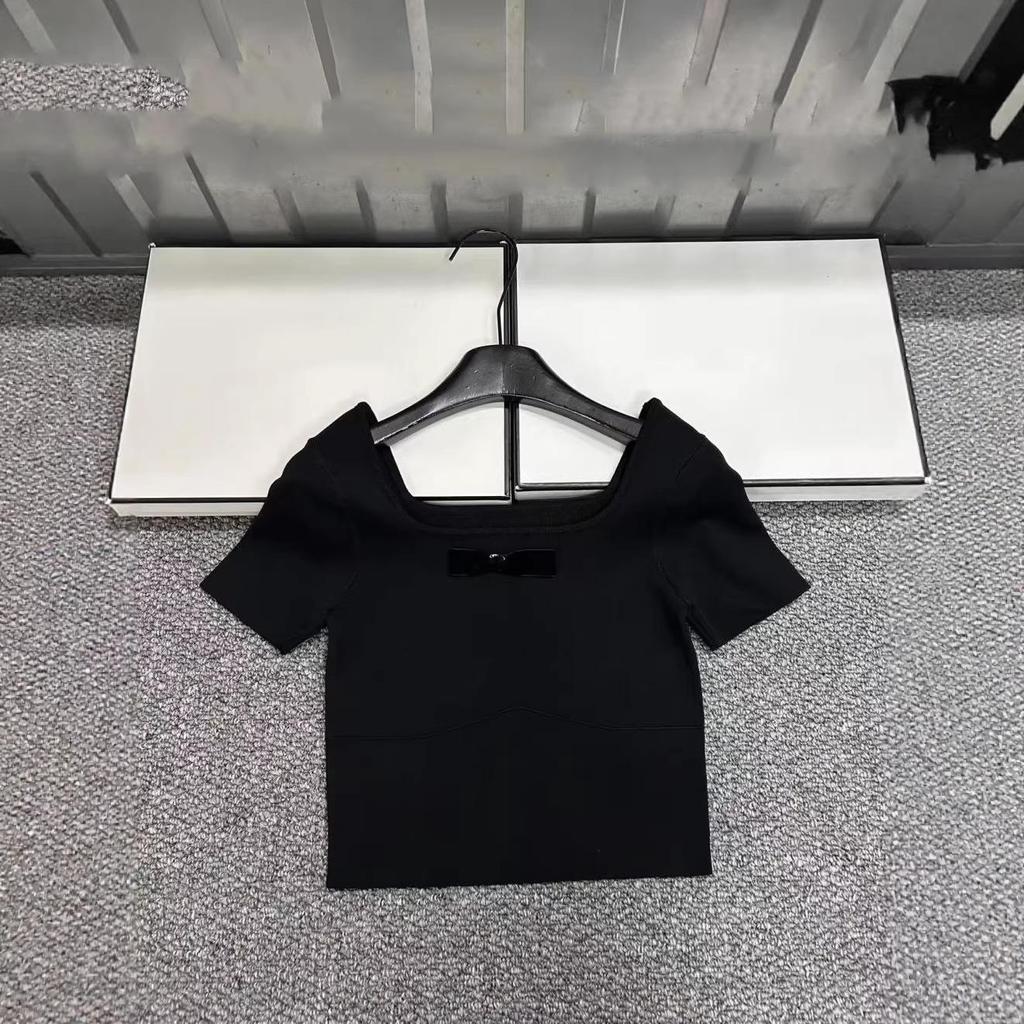 European-Style Square Neck Bow Knit Top - Women's Short Sleeve, Casual & Versatile for Spring/Summer 2026