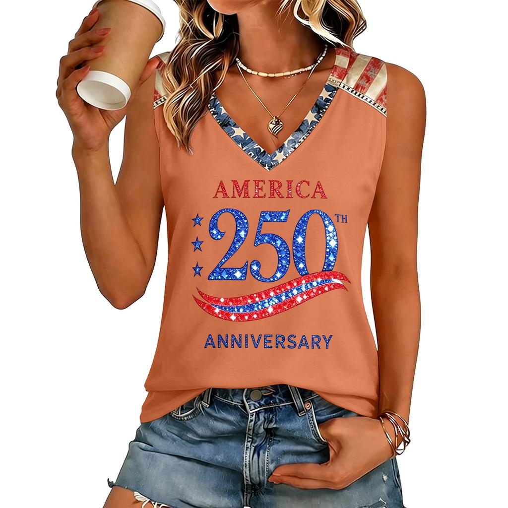 Womens V Neck Short Sleeve T Shirt Casual Fit Letter Print Top Comfortable Lightweight Pullover Tee America 250 Anniversary Design