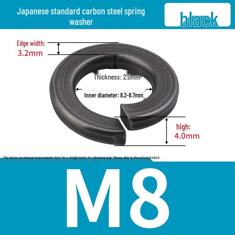 Level 8 Blackened Stainless Steel Anti-Slip Spring Washer, Japanese Standard, Sizes M6, M8, M10, M20.