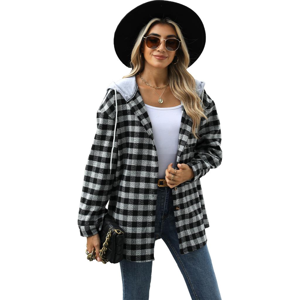 Women Autumn Winter Long Sleeve Hooded Plaid Warm Woolen Coat Cardigan