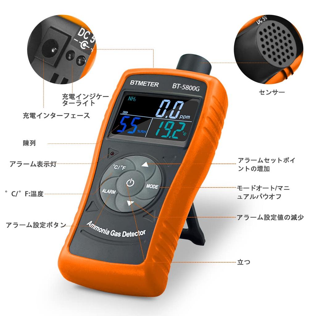 BTMETER Ammonia Gas Detector Ppm NH3 Monitor Gauge Test Measurement with Temperature and Humidity Suitable for and Feedlots Japanese Manual BT-5800G