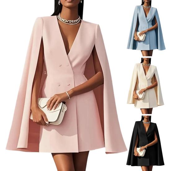 Blazer Dress for Women V Neck Cape Blazer Split Sleeve Casual Business Mini Dress Double Breasted Office Work Outfits