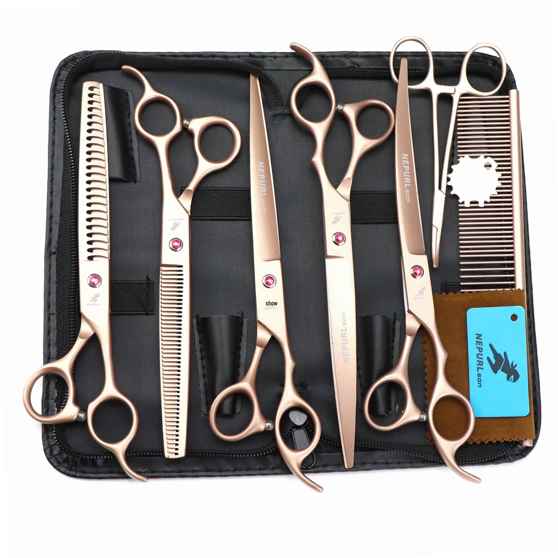 8.0 Napsen Tycoon Gold Pet Grooming Scissors Set: Curved, Straight, Serrated - 5-Piece Collection