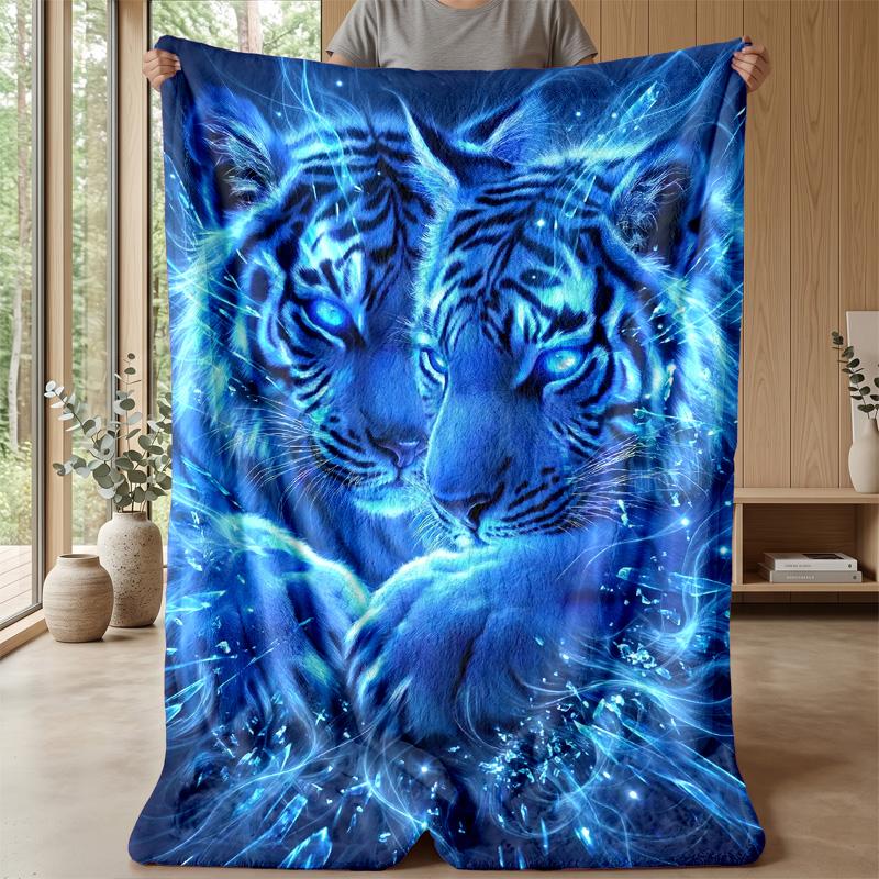 Blue Tiger Fantasy Blanket Personalized Name Flannel Blanket Soft Cozy Plush Throw for Sofa Bed Lightweight Home Decor