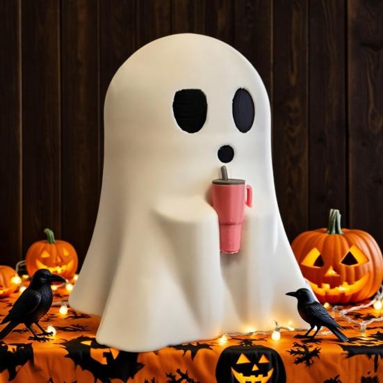 Halloweenská figurka ducha Strašidelný duch držící pohár Socha pro vnitřní výzdobu domova, kanceláře, stolu na Halloween