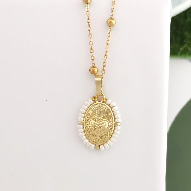 QMHJE Virgin Mary Pendant Charm Necklace Women Cross Scared Heart Jesus Choker Seed Beads Stainless Steel Chain Gold Color Mom
