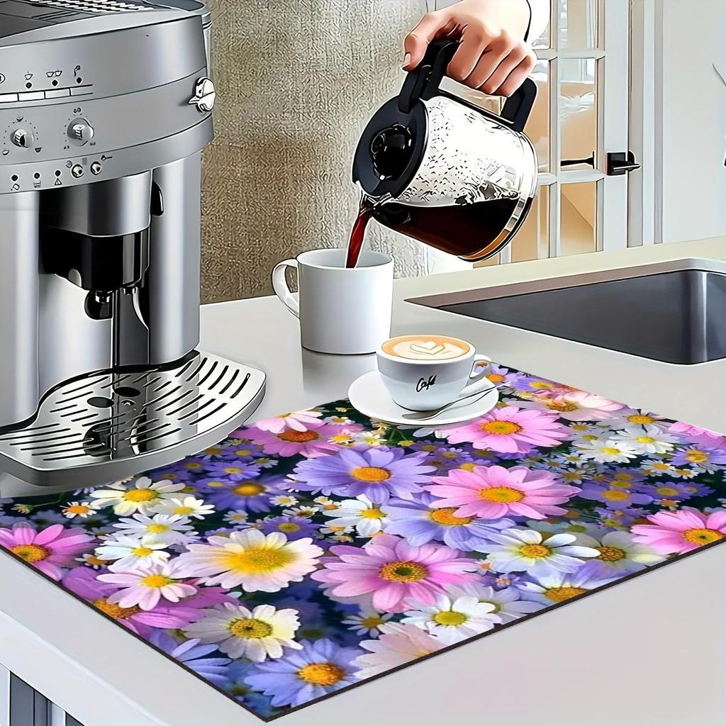 1Pcs Rubber Drying Mat With Colorful Daisy For Coffee Shop Restaurant Kitchen Carpet Tableware Durable Diatom Mud Table Mat Pet Mat Coffeeware