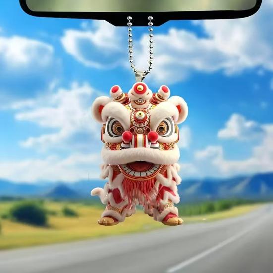Car Pendant with Metal Chain Lion Dance Design Plush Fabric Car Charm Keychain Bag Accessory Good Fortune Decoration