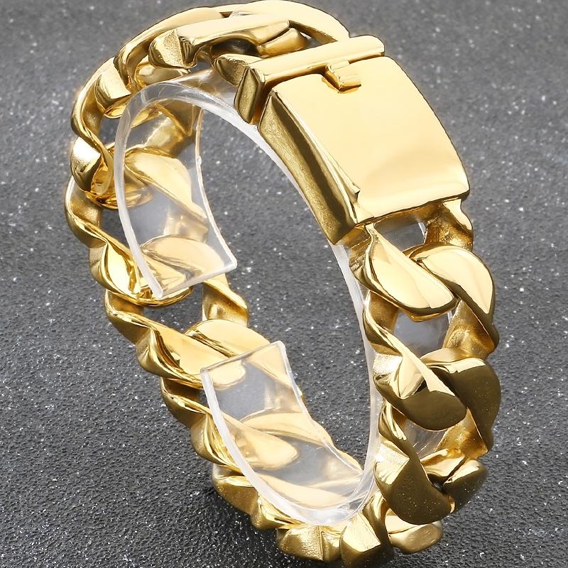 Polished Stainless Steel On Hand Accessories 20MM Wide Iron Men's Bracelet for Man Waterproof Gold Color Men‘s Jewelry Male Him