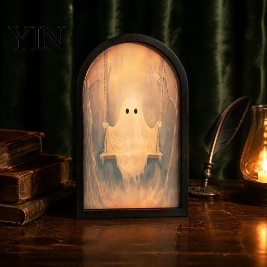 Mirror Light Up Ghost Mirror, Arched Wooden Frame Ghost/Grim Reaper Halloween Battery Operated Wall Art Soft Ambient Lighted Decorative for